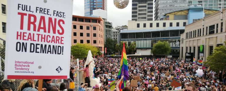 Demonstration with rainbow flag and placard reading: "Full, free, fast: trans healthcare on demand
